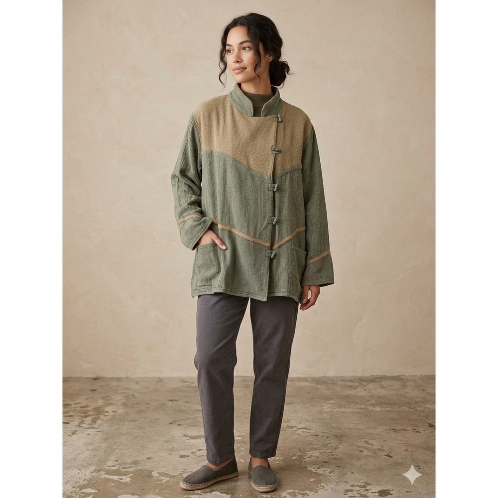 Tribe A People United Hand Woven‎ Cotton Art to Wear Jacket Green Tan Large